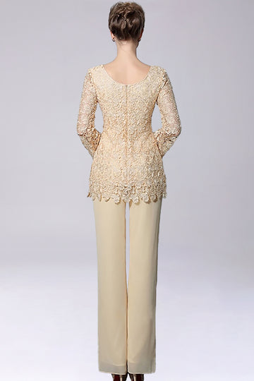 Champagne Jumpsuit/Pantsuit Separates Chiffon Mother of the Bride Dress With Appliques